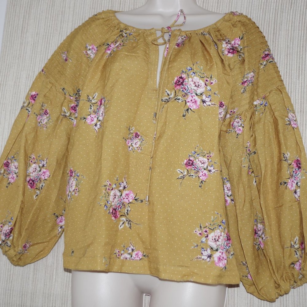 steele. Mustard Yellow Floral Linen Rayon Oversize 3/4 Sleeve Blouse Size: XS